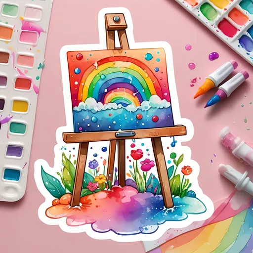 Prompt: STICKER, SOLID background, SHARP FOCUS of A Detailed kawaii watercolor of a Cute ART EASEL WITH A CANVAS, Floral Splash, Rainbow Colors, Redbubble Sticker,Splash In Vibrant Colors, 3D Vector Art, Cute And Quirky, Adobe Illustrator, HandDrawn, Digital Painting, LowPoly, Soft Lighting, Bird'sEye View, Isometric Style, Retro Aesthetic, Focused On The Character, 4K Resolution,