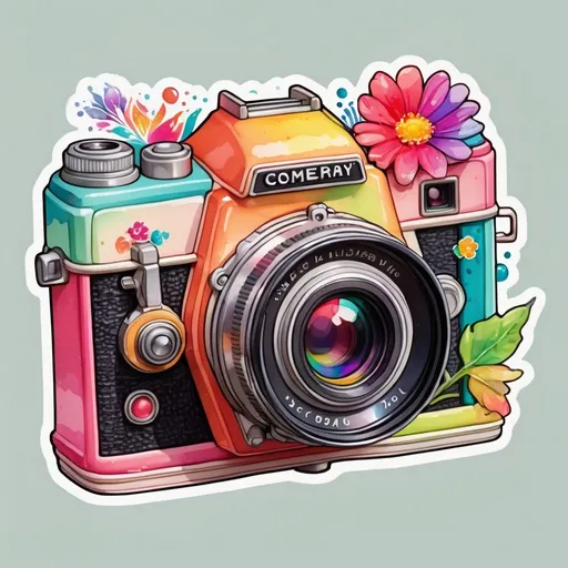 Prompt: STICKER, SOLID background, SHARP FOCUS of A Detailed kawaii watercolor of a vintage camera, , Floral Splash, Rainbow Colors, Redbubble Sticker,Splash In Vibrant Colors, 3D Vector Art, Cute And Quirky, Adobe Illustrator, HandDrawn, Digital Painting, LowPoly, Soft Lighting, Bird'sEye View, Isometric Style, Retro Aesthetic, Focused On The Character, 4K Resolution,