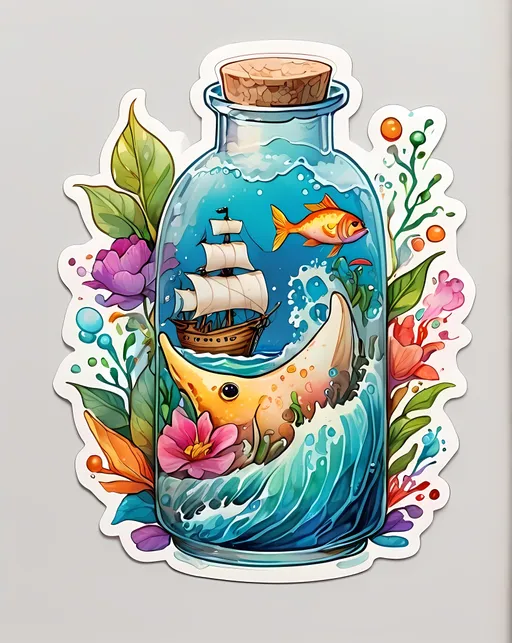 Prompt: STICKER, SOLID background, SHARP FOCUS of A Detailed watercolorIllustration, styled by hayao miyazaki, an ocean made of liquid gold, set in a glass bottle, a pirate sailing on a leaf, a talking fish, hand-drawn animation cells, whimsical and fantastical, child's-eye view, rich and detailed, vibrant and earthy tones, soft and defined lines, balanced yet dynamic, soft natural lighting

 SOLID BACKGROUND< white background, Floral Splash, Rainbow Colors, Redbubble Sticker,Splash In Vibrant Colors, 3D Vector Art, Cute And Quirky, Adobe Illustrator, HandDrawn, Digital Painting, LowPoly, Soft Lighting, Bird'sEye View, Isometric Style, Retro Aesthetic, Focused On The Character, 4K Resolution,