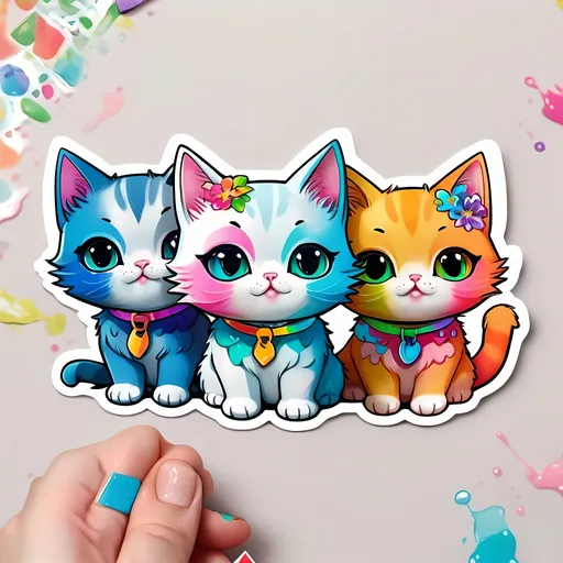 Prompt: STICKER, SOLID background, SHARP FOCUS of A Detailed kawaii Three chibi cats in a tshirt design, vector art, white background, Floral Splash, Rainbow Colors, Redbubble Sticker,Splash In Vibrant Colors, 3D Vector Art, Cute And Quirky, Adobe Illustrator, HandDrawn, Digital Painting, LowPoly, Soft Lighting, Bird'sEye View, Isometric Style, Retro Aesthetic, Focused On The Character, 4K Resolution,