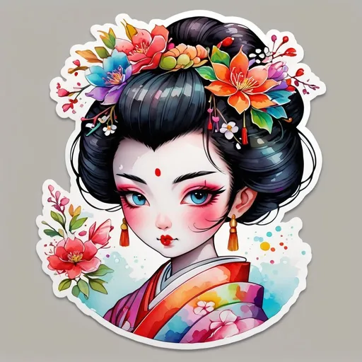 Prompt: STICKER, SOLID background, SHARP FOCUS of A Detailed watercolor of cute  geisha, SOLID BACKGROUND< white background, Floral Splash, Rainbow Colors, Redbubble Sticker,Splash In Vibrant Colors, 3D Vector Art, Cute And Quirky, Adobe Illustrator, HandDrawn, Digital Painting, LowPoly, Soft Lighting, Bird'sEye View, Isometric Style, Retro Aesthetic, Focused On The Character, 4K Resolution,