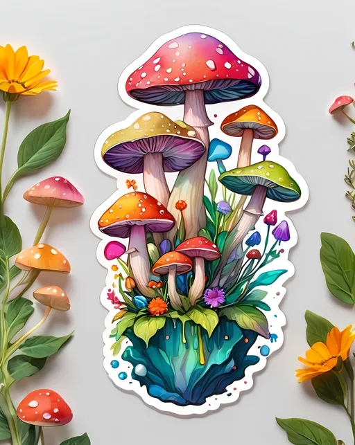 Prompt: STICKER, sticker, SOLID background, SHARP FOCUS of A Detailed watercolor An sticker of a Floating in the air, magic flowers, mushrooms, plants, 3d sculpture.


 SOLID BACKGROUND< white background, Floral Splash, Rainbow Colors, Redbubble Sticker,Splash In Vibrant Colors, 3D Vector Art, Cute And Quirky, Adobe Illustrator, HandDrawn, Digital Painting, LowPoly, Soft Lighting, Bird'sEye View, Isometric Style, Retro Aesthetic, Focused On The Character, 4K Resolution,