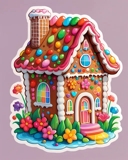 Prompt: STICKER, SOLID background, SHARP FOCUS of A Detailed kawaii of flower gingerbread house , Floral Splash, Rainbow Colors, Redbubble Sticker,Splash In Vibrant Colors, 3D Vector Art, Cute And Quirky, Adobe Illustrator, HandDrawn, Digital Painting, LowPoly, Soft Lighting, Bird'sEye View, Isometric Style, Retro Aesthetic, Focused On The Character, 4K Resolution,