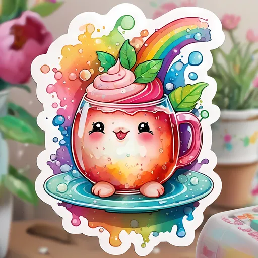 Prompt: STICKER, SOLID background, SHARP FOCUS of A Detailed kawaii watercolor of HAPPY BUBBA TEA, 
 , Floral Splash, Rainbow Colors, Redbubble Sticker,Splash In Vibrant Colors, 3D Vector Art, Cute And Quirky, Adobe Illustrator, HandDrawn, Digital Painting, LowPoly, Soft Lighting, Bird'sEye View, Isometric Style, Retro Aesthetic, Focused On The Character, 4K Resolution,