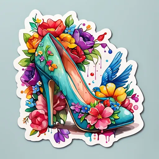 Prompt: STICKER, SOLID background, SHARP FOCUS of A Detailed watercolor cute high heels with flowers coming out of the top ,Floral Splash, Rainbow Colors, Redbubble Sticker,Splash In Vibrant Colors, 3D Vector Art, Cute And Quirky, Adobe Illustrator, HandDrawn, Digital Painting, LowPoly, Soft Lighting, Bird'sEye View, Isometric Style, Retro Aesthetic, Focused On The Character, 4K Resolution,