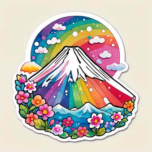 Prompt: STICKER, SOLID background, SHARP FOCUS of A Detailed kawaii watercolor of MT FUJI IN JAPAN, Floral Splash, Rainbow Colors, Redbubble Sticker,Splash In Vibrant Colors, 3D Vector Art, Cute And Quirky, Adobe Illustrator, HandDrawn, Digital Painting, LowPoly, Soft Lighting, Bird'sEye View, Isometric Style, Retro Aesthetic, Focused On The Character, 4K Resolution,