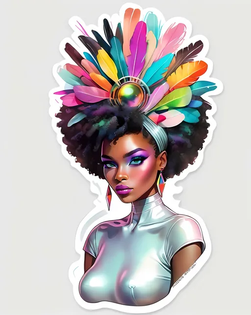 Prompt: STICKER, sticker design, SOLID background, WHITE BACKGROUND, SHARP FOCUS of A Detailed watercolor Tee shirt design A beautiful black skinned afro female pop artist all pastel sleek futuristic outfit, with huge headpiece center piece, clean makeup, with depth of field, fantastical edgy and regal themed outfit, captured in vivid colors, embodying the essence of fantasy, minimalist

Redbubble Sticker,Splash In Vibrant Colors, 3D Vector Art, Cute And Quirky, Adobe Illustrator, HandDrawn, Digital Painting, LowPoly, Soft Lighting, Bird'sEye View, Isometric Style, Retro Aesthetic, Focused On The Character, 4K Resolution,