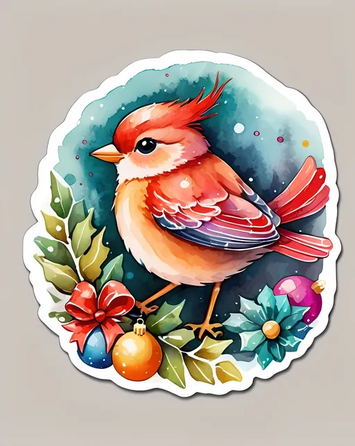 Prompt: STICKER, SOLID background, SHARP FOCUS of A Detailed watercolor of a cute "Create a series of detailed background watercolor illustrations inspired by Christmas and holiday themes. These background images should embody the festive spirit of Christmas and be suitable for enhancing various paper craft projects like card making, scrapbooking, and junk journaling. Ensure that each background design is unique and evokes the warmth and charm of the holiday season, providing a versatile resource for Christmas-themed crafts." swirling magical fairytale abstract art style, watercolor style Floral Splash, Rainbow Colors, Redbubble Sticker,Splash In Vibrant Colors, 3D Vector Art, Cute And Quirky, Adobe Illustrator, HandDrawn, Digital Painting, LowPoly, Soft Lighting, Bird'sEye View, Isometric Style, Retro Aesthetic, Focused On The Character, 4K Resolution,