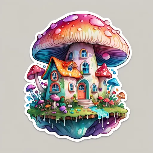 Prompt: STICKER, SOLID background, SHARP FOCUS of A Detailed kawaii watercolor of trippy mushroom house, Floral Splash, Rainbow Colors, Redbubble Sticker,Splash In Vibrant Colors, 3D Vector Art, Cute And Quirky, Adobe Illustrator, HandDrawn, Digital Painting, LowPoly, Soft Lighting, Bird'sEye View, Isometric Style, Retro Aesthetic, Focused On The Character, 4K Resolution,