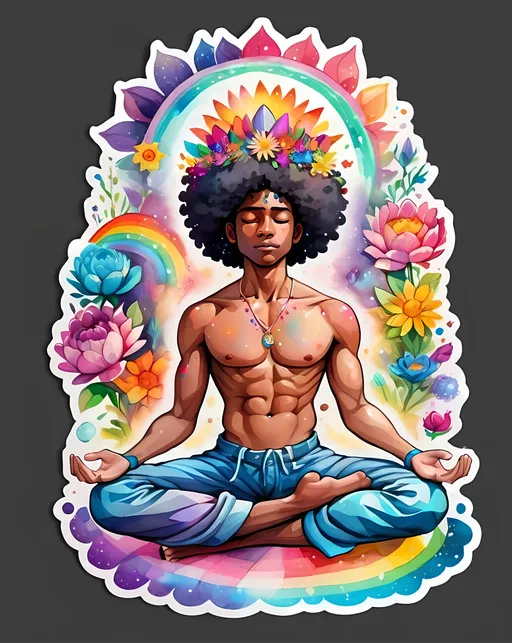 Prompt: STICKER, sticker design, SOLID background, SHARP FOCUS of A Detailed watercolor cute Abstract hippy black man, mediatating full body, with universe coming out of his crown chakra, rainbow colours, flowers everywhere, stars and space, SOLID BACKGROUND< white background, Floral Splash, Rainbow Colors, Redbubble Sticker,Splash In Vibrant Colors, 3D Vector Art, Cute And Quirky, Adobe Illustrator, HandDrawn, Digital Painting, LowPoly, Soft Lighting, Bird'sEye View, Isometric Style, Retro Aesthetic, Focused On The Character, 4K Resolution,