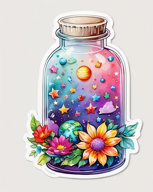 Prompt: STICKER, SOLID background, SHARP FOCUS of A Detailed watercolor of cute  stars and planets in a clear glass bottle, SOLID BACKGROUND< white background, Floral Splash, Rainbow Colors, Redbubble Sticker,Splash In Vibrant Colors, 3D Vector Art, Cute And Quirky, Adobe Illustrator, HandDrawn, Digital Painting, LowPoly, Soft Lighting, Bird'sEye View, Isometric Style, Retro Aesthetic, Focused On The Character, 4K Resolution,