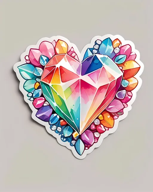 Prompt: STICKER, SOLID background, sticker design, SHARP FOCUS of A Detailed watercolor of kawaii of a heart made of diamonds
 SOLID BACKGROUND< white background, Floral Splash, Rainbow Colors, Redbubble Sticker,Splash In Vibrant Colors, 3D Vector Art, Cute And Quirky, Adobe Illustrator, HandDrawn, Digital Painting, LowPoly, Soft Lighting, Bird'sEye View, Isometric Style, Retro Aesthetic, Focused On The Character, 4K Resolution,