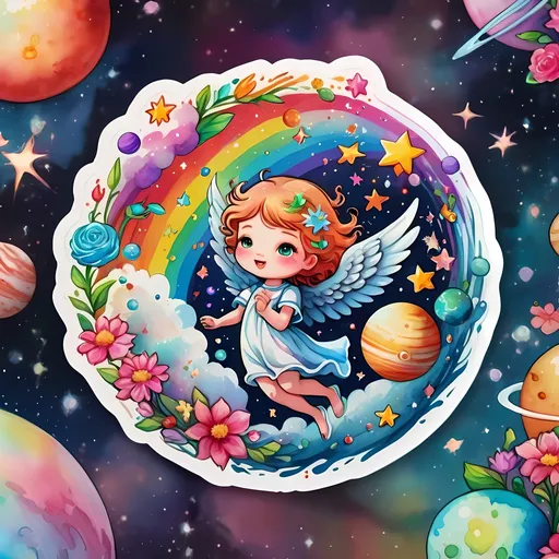 Prompt: STICKER, SOLID background, SHARP FOCUS of A Detailed kawaii watercolor of a angel flying through space, stars and planets , Floral Splash, Rainbow Colors, Redbubble Sticker,Splash In Vibrant Colors, 3D Vector Art, Cute And Quirky, Adobe Illustrator, HandDrawn, Digital Painting, LowPoly, Soft Lighting, Bird'sEye View, Isometric Style, Retro Aesthetic, Focused On The Character, 4K Resolution,