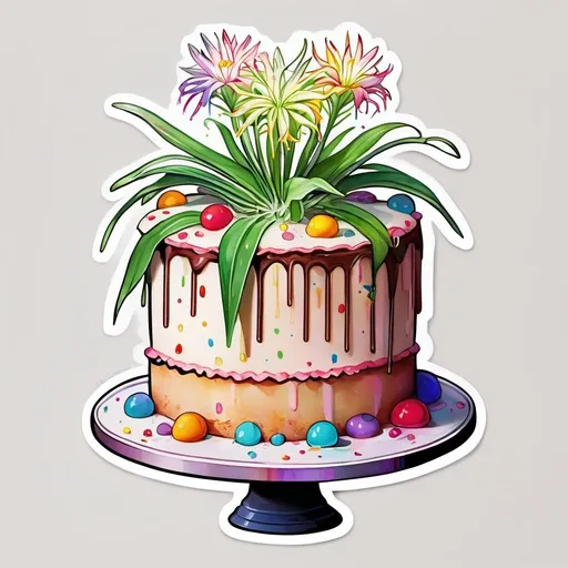 Prompt: STICKER, SOLID background, SHARP FOCUS of A Detailed watercolor of  spider plant cake , next too the couch is a tall night lamp, SOLID BACKGROUND< white background, Floral Splash, Rainbow Colors, Redbubble Sticker,Splash In Vibrant Colors, 3D Vector Art, Cute And Quirky, Adobe Illustrator, HandDrawn, Digital Painting, LowPoly, Soft Lighting, Bird'sEye View, Isometric Style, Retro Aesthetic, Focused On The Character, 4K Resolution,