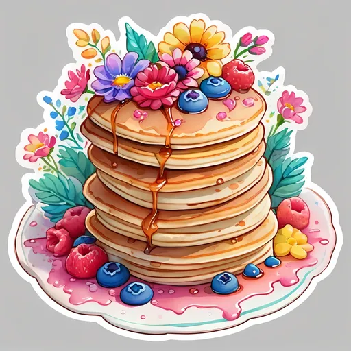 Prompt: STICKER, SOLID background, SHARP FOCUS of A Detailed watercolor cute stack of pancakes with flowers,Floral Splash, Rainbow Colors, Redbubble Sticker,Splash In Vibrant Colors, 3D Vector Art, Cute And Quirky, Adobe Illustrator, HandDrawn, Digital Painting, LowPoly, Soft Lighting, Bird'sEye View, Isometric Style, Retro Aesthetic, Focused On The Character, 4K Resolution,
