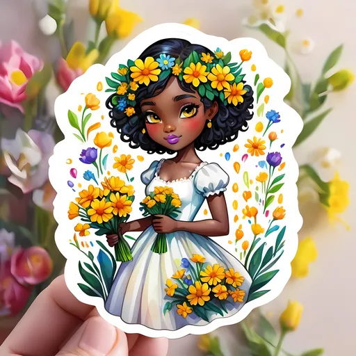 Prompt: STICKER, SOLID background, SHARP FOCUS of A Detailed watercolor of cute black skinned girl holding a beautiful boquet of vibrant yellow flowers, she is wearing a cute white dress, Floral Splash, Rainbow Colors, Redbubble Sticker,Splash In Vibrant Colors, 3D Vector Art, Cute And Quirky, Adobe Illustrator, HandDrawn, Digital Painting, LowPoly, Soft Lighting, Bird'sEye View, Isometric Style, Retro Aesthetic, Focused On The Character, 4K Resolution,
