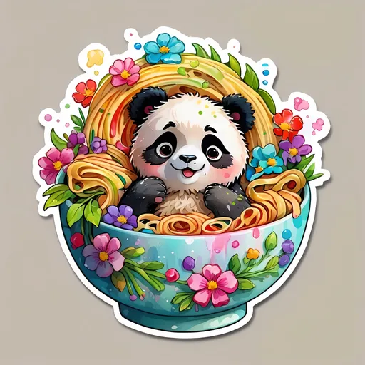 Prompt: STICKER, SOLID background, SHARP FOCUS of A Detailed watercolor of cute panda in a bowl of noodles, Floral Splash, Rainbow Colors, Redbubble Sticker,Splash In Vibrant Colors, 3D Vector Art, Cute And Quirky, Adobe Illustrator, HandDrawn, Digital Painting, LowPoly, Soft Lighting, Bird'sEye View, Isometric Style, Retro Aesthetic, Focused On The Character, 4K Resolution,