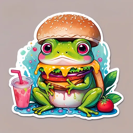 Prompt: STICKER, SOLID background, SHARP FOCUS of A Detailed kawaii watercolor of a Cute TINY FROG EATING.A JUICY BURGER, Floral Splash, Rainbow Colors, Redbubble Sticker,Splash In Vibrant Colors, 3D Vector Art, Cute And Quirky, Adobe Illustrator, HandDrawn, Digital Painting, LowPoly, Soft Lighting, Bird'sEye View, Isometric Style, Retro Aesthetic, Focused On The Character, 4K Resolution,