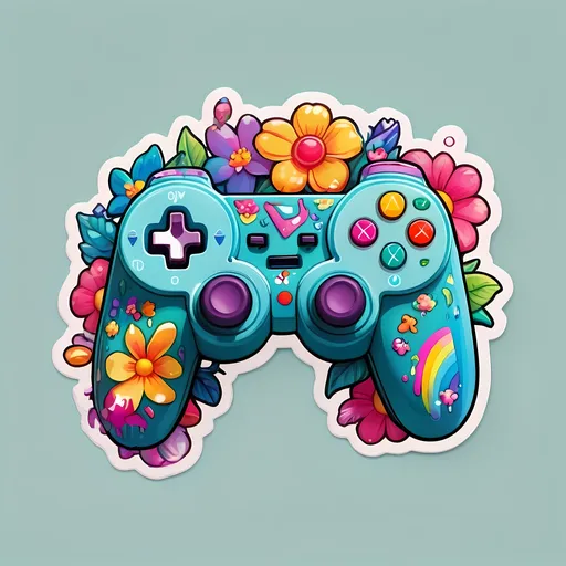 Prompt: STICKER, SOLID background, SHARP FOCUS of A Detailed Illustration of cute kawaii VIDEO GAME CONTROLER , Floral Splash, Rainbow Colors, Redbubble Sticker,Splash In Vibrant Colors, 3D Vector Art, Cute And Quirky, Adobe Illustrator, HandDrawn, Digital Painting, LowPoly, Soft Lighting, Bird'sEye View, Isometric Style, Retro Aesthetic, Focused On The Character, 4K Resolution,