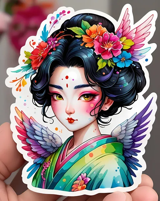 Prompt: STICKER, SOLID background, SHARP FOCUS of A Detailed watercolor of gorgeouse geisha with angel wings, SOLID BACKGROUND< white background, Floral Splash, Rainbow Colors, Redbubble Sticker,Splash In Vibrant Colors, 3D Vector Art, Cute And Quirky, Adobe Illustrator, HandDrawn, Digital Painting, LowPoly, Soft Lighting, Bird'sEye View, Isometric Style, Retro Aesthetic, Focused On The Character, 4K Resolution,