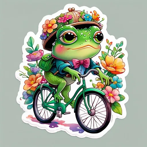 Prompt: STICKER, SOLID background, SHARP FOCUS of A Detailed kawaii watercolor of a Cute FROG RIDING  A GREEN VINTAGE BICYCLE, Floral Splash, Rainbow Colors, Redbubble Sticker,Splash In Vibrant Colors, 3D Vector Art, Cute And Quirky, Adobe Illustrator, HandDrawn, Digital Painting, LowPoly, Soft Lighting, Bird'sEye View, Isometric Style, Retro Aesthetic, Focused On The Character, 4K Resolution,