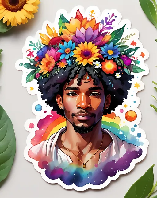 Prompt: STICKER, sticker design, SOLID background, SHARP FOCUS of A Detailed watercolor cute Abstract hippy black man, with universe coming out of his crown chakra, rainbow colours, flowers everywhere, stars and space, SOLID BACKGROUND< white background, Floral Splash, Rainbow Colors, Redbubble Sticker,Splash In Vibrant Colors, 3D Vector Art, Cute And Quirky, Adobe Illustrator, HandDrawn, Digital Painting, LowPoly, Soft Lighting, Bird'sEye View, Isometric Style, Retro Aesthetic, Focused On The Character, 4K Resolution,