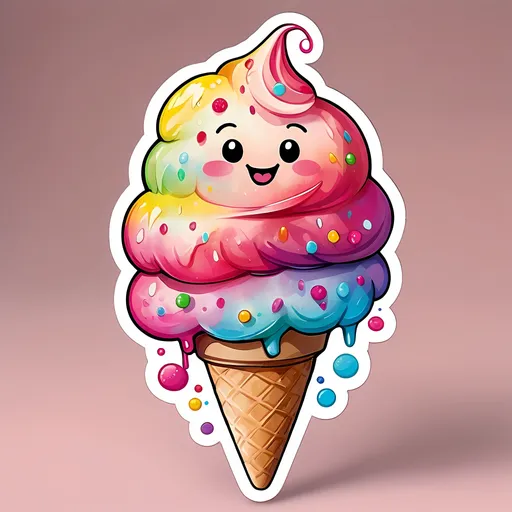 Prompt: STICKER, SOLID background, SHARP FOCUS of A Detailed kawaii watercolor of a Cute smiley pink sparkly ice cream cone WITH A SMILEY FACE, Floral Splash, Rainbow Colors, Redbubble Sticker,Splash In Vibrant Colors, 3D Vector Art, Cute And Quirky, Adobe Illustrator, HandDrawn, Digital Painting, LowPoly, Soft Lighting, Bird'sEye View, Isometric Style, Retro Aesthetic, Focused On The Character, 4K Resolution,