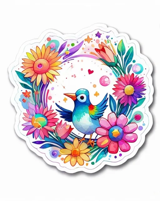 Prompt: STICKER, SOLID background, SHARP FOCUS of A Detailed watercolor of kawaii Abstract, feminine, flowers, stars, colorful, portal, love, outer space, dance, happy, kandinsky style

 SOLID BACKGROUND< white background, Floral Splash, Rainbow Colors, Redbubble Sticker,Splash In Vibrant Colors, 3D Vector Art, Cute And Quirky, Adobe Illustrator, HandDrawn, Digital Painting, LowPoly, Soft Lighting, Bird'sEye View, Isometric Style, Retro Aesthetic, Focused On The Character, 4K Resolution,