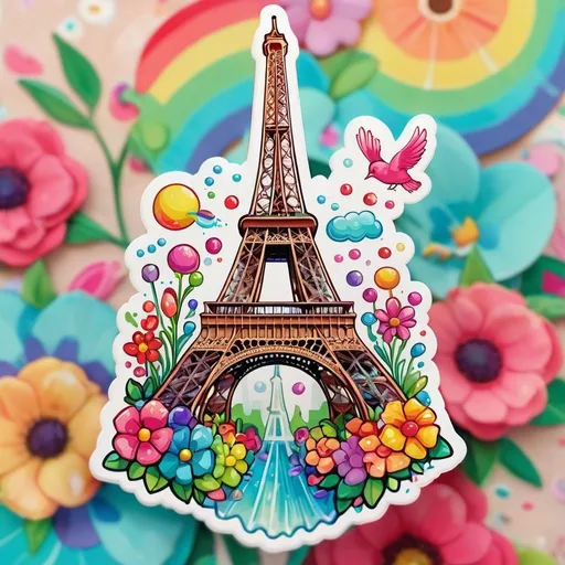 Prompt: STICKER, SOLID background, SHARP FOCUS of A Detailed kawaii of eiffel tower in Paris france, Floral Splash, Rainbow Colors, Redbubble Sticker,Splash In Vibrant Colors, 3D Vector Art, Cute And Quirky, Adobe Illustrator, HandDrawn, Digital Painting, LowPoly, Soft Lighting, Bird'sEye View, Isometric Style, Retro Aesthetic, Focused On The Character, 4K Resolution,