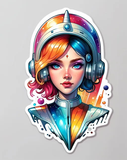 Prompt: STICKER, sticker design, SOLID background, WHITE BACKGROUND, SHARP FOCUS of A Detailed watercolor Tee shirt designa Metallic shades. A quantum vintage Futurist body of an Astrological Space rocket air hostess poster. Sci-Fi world from dream dimension dripping, by Victor-Jesus Escobedo.

Redbubble Sticker,Splash In Vibrant Colors, 3D Vector Art, Cute And Quirky, Adobe Illustrator, HandDrawn, Digital Painting, LowPoly, Soft Lighting, Bird'sEye View, Isometric Style, Retro Aesthetic, Focused On The Character, 4K Resolution,