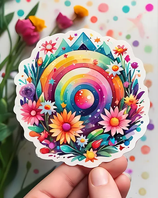 Prompt: STICKER, SOLID background, SHARP FOCUS of A Detailed watercolor of kawaii Abstract, feminine, flowers, stars, colorful, portal, love, outer space, dance, happy, kandinsky style

 SOLID BACKGROUND< white background, Floral Splash, Rainbow Colors, Redbubble Sticker,Splash In Vibrant Colors, 3D Vector Art, Cute And Quirky, Adobe Illustrator, HandDrawn, Digital Painting, LowPoly, Soft Lighting, Bird'sEye View, Isometric Style, Retro Aesthetic, Focused On The Character, 4K Resolution,