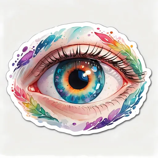 Prompt: STICKER, sticker design, SOLID background, SHARP FOCUS of A Detailed watercolor Dreamy 1990s anime sci-fi close-up of an eye with the universe in it, detailed, Toriyama, Miyazaki, SOLID BACKGROUND< white background, Floral Splash, Rainbow Colors, Redbubble Sticker,Splash In Vibrant Colors, 3D Vector Art, Cute And Quirky, Adobe Illustrator, HandDrawn, Digital Painting, LowPoly, Soft Lighting, Bird'sEye View, Isometric Style, Retro Aesthetic, Focused On The Character, 4K Resolution,