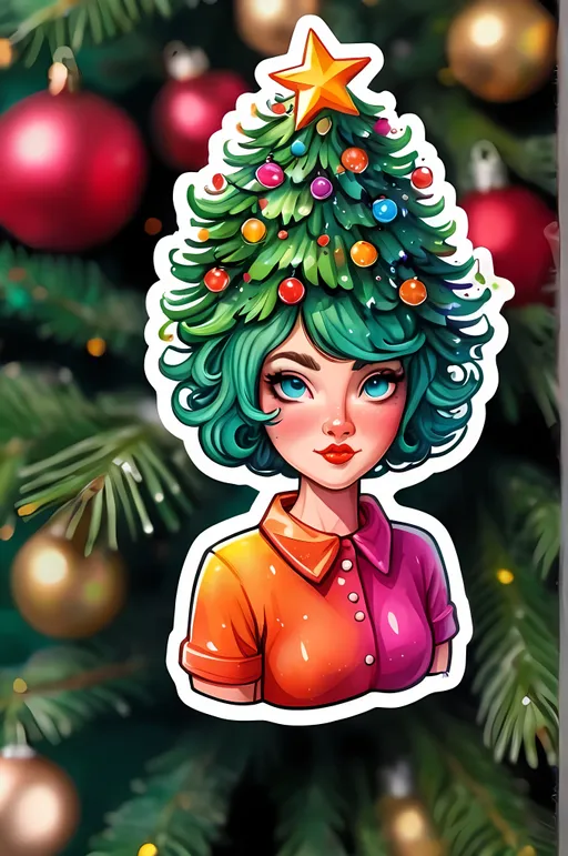 Prompt: STICKER, sticker design, SOLID background, SHARP FOCUS of A Detailed watercolor Tee shirt design christmas tree lady, Redbubble Sticker,Splash In Vibrant Colors, 3D Vector Art, Cute And Quirky, Adobe Illustrator, HandDrawn, Digital Painting, LowPoly, Soft Lighting, Bird'sEye View, Isometric Style, Retro Aesthetic, Focused On The Character, 4K Resolution,