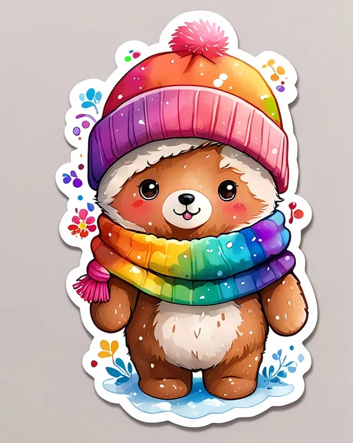 Prompt: STICKER, SOLID background, SHARP FOCUS of A Detailed kawaii watercolor of a cute A teddy bear wearing a winter hat and scarf,  Floral Splash, Rainbow Colors, Redbubble Sticker,Splash In Vibrant Colors, 3D Vector Art, Cute And Quirky, Adobe Illustrator, HandDrawn, Digital Painting, LowPoly, Soft Lighting, Bird'sEye View, Isometric Style, Retro Aesthetic, Focused On The Character, 4K Resolution,