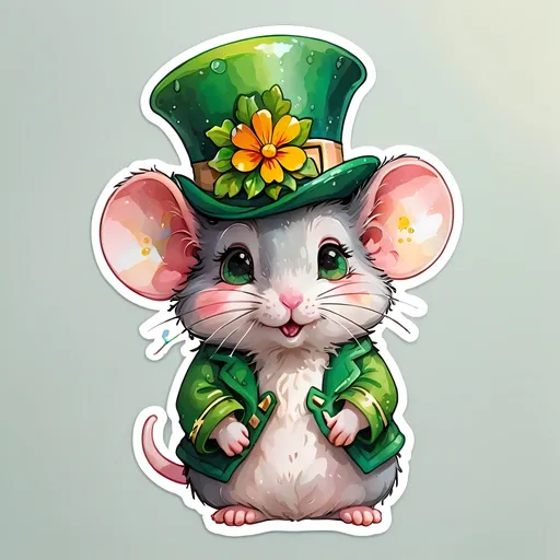 Prompt: STICKER, SOLID background, SHARP FOCUS of A Detailed watercolor of cute mouse wearing a st patties day hat, Floral Splash, Rainbow Colors, Redbubble Sticker,Splash In Vibrant Colors, 3D Vector Art, Cute And Quirky, Adobe Illustrator, HandDrawn, Digital Painting, LowPoly, Soft Lighting, Bird'sEye View, Isometric Style, Retro Aesthetic, Focused On The Character, 4K Resolution,