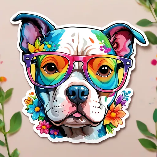 Prompt: STICKER, SOLID background, SHARP FOCUS of A Detailed kawaii watercolor of a Cute pitbull HEAD wearing GLASSES, Floral Splash, Rainbow Colors, Redbubble Sticker,Splash In Vibrant Colors, 3D Vector Art, Cute And Quirky, Adobe Illustrator, HandDrawn, Digital Painting, LowPoly, Soft Lighting, Bird'sEye View, Isometric Style, Retro Aesthetic, Focused On The Character, 4K Resolution,