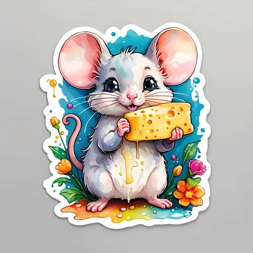 Prompt: STICKER, SOLID background, SHARP FOCUS of A Detailed watercolor of cute mouse holding a piece of cheese, Floral Splash, Rainbow Colors, Redbubble Sticker,Splash In Vibrant Colors, 3D Vector Art, Cute And Quirky, Adobe Illustrator, HandDrawn, Digital Painting, LowPoly, Soft Lighting, Bird'sEye View, Isometric Style, Retro Aesthetic, Focused On The Character, 4K Resolution,