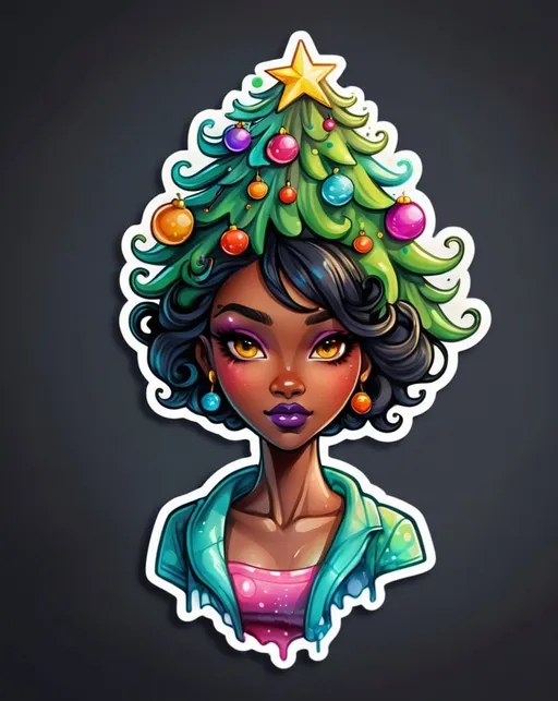 Prompt: STICKER, sticker design, SOLID background, SHARP FOCUS of A Detailed watercolor Tee shirt design black skinned christmas tree lady, Redbubble Sticker,Splash In Vibrant Colors, 3D Vector Art, Cute And Quirky, Adobe Illustrator, HandDrawn, Digital Painting, LowPoly, Soft Lighting, Bird'sEye View, Isometric Style, Retro Aesthetic, Focused On The Character, 4K Resolution,