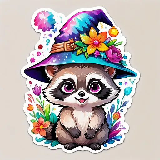 Prompt: STICKER, SOLID background, SHARP FOCUS of A Detailed kawaii watercolor of a Cute TINY RACOON WEARING A WITCH HAT, Floral Splash, Rainbow Colors, Redbubble Sticker,Splash In Vibrant Colors, 3D Vector Art, Cute And Quirky, Adobe Illustrator, HandDrawn, Digital Painting, LowPoly, Soft Lighting, Bird'sEye View, Isometric Style, Retro Aesthetic, Focused On The Character, 4K Resolution,