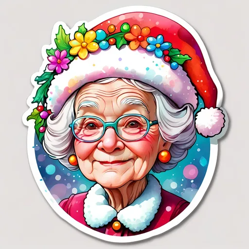 Prompt: STICKER, SOLID background, SHARP FOCUS of A Detailed kawaii watercolor of old lady wearing a santa hat , Floral Splash, Rainbow Colors, Redbubble Sticker,Splash In Vibrant Colors, 3D Vector Art, Cute And Quirky, Adobe Illustrator, HandDrawn, Digital Painting, LowPoly, Soft Lighting, Bird'sEye View, Isometric Style, Retro Aesthetic, Focused On The Character, 4K Resolution,