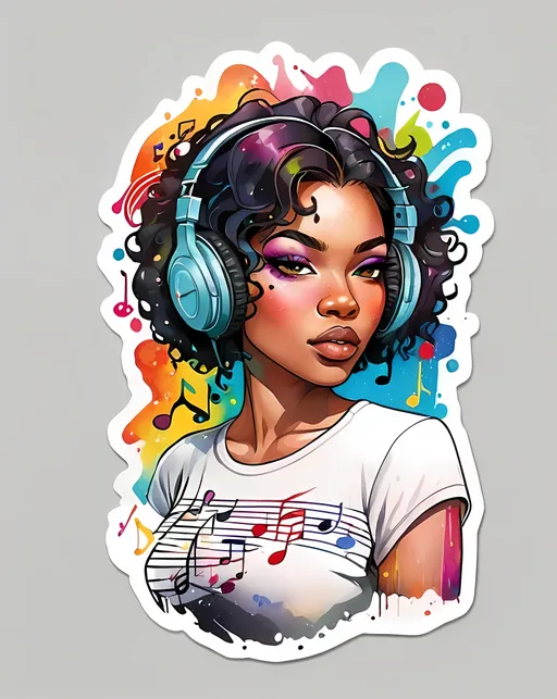 Prompt: STICKER, sticker design, SOLID background, WHITE BACKGROUND, SHARP FOCUS of A Detailed watercolor Tee shirt design Create an illustration of a black woman with music notes,  Double Exposure Prismatism

Redbubble Sticker,Splash In Vibrant Colors, 3D Vector Art, Cute And Quirky, Adobe Illustrator, HandDrawn, Digital Painting, LowPoly, Soft Lighting, Bird'sEye View, Isometric Style, Retro Aesthetic, Focused On The Character, 4K Resolution,