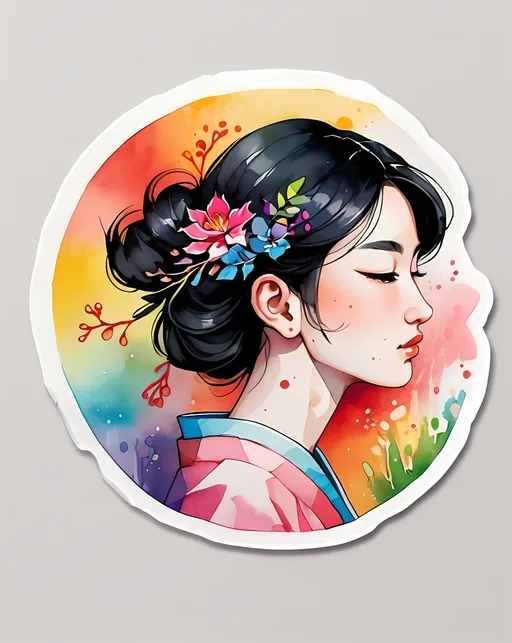 Prompt: STICKER, SOLID background, sticker design, SHARP FOCUS of A Detailed watercolor of Single line sumi-e (墨絵) painting, minimalistic single line, profile of a woman, japanese calligraphy style, painting
 SOLID BACKGROUND< white background, Floral Splash, Rainbow Colors, Redbubble Sticker,Splash In Vibrant Colors, 3D Vector Art, Cute And Quirky, Adobe Illustrator, HandDrawn, Digital Painting, LowPoly, Soft Lighting, Bird'sEye View, Isometric Style, Retro Aesthetic, Focused On The Character, 4K Resolution,