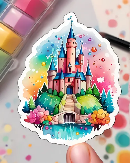 Prompt: STICKER, SOLID background, SHARP FOCUS of A Detailed kawaii watercolor of a Cute castle in france, Floral Splash, Rainbow Colors, Redbubble Sticker,Splash In Vibrant Colors, 3D Vector Art, Cute And Quirky, Adobe Illustrator, HandDrawn, Digital Painting, LowPoly, Soft Lighting, Bird'sEye View, Isometric Style, Retro Aesthetic, Focused On The Character, 4K Resolution,