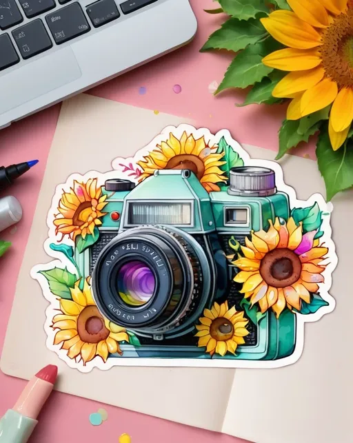 Prompt: STICKER, SOLID background, SHARP FOCUS of A Detailed kawaii watercolor of a vintage camera made of sunflowers, , Floral Splash, Rainbow Colors, Redbubble Sticker,Splash In Vibrant Colors, 3D Vector Art, Cute And Quirky, Adobe Illustrator, HandDrawn, Digital Painting, LowPoly, Soft Lighting, Bird'sEye View, Isometric Style, Retro Aesthetic, Focused On The Character, 4K Resolution,