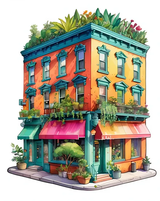 Prompt: STICKER, sticker deisgn, SOLID background, SHARP FOCUS of A Detailed watercolor Detailed, vibrant illustration of a nyc building full of plants, trees, by herge, in the style of tin-tin comics, vibrant colors, detailed, lots of people, sunny day, beautiful illustration 
 SOLID BACKGROUND< white background, SOLID BACKGROUND,  Floral Splash, Rainbow Colors, Redbubble Sticker,Splash In Vibrant Colors, 3D Vector Art, Cute And Quirky, Adobe Illustrator, HandDrawn, Digital Painting, LowPoly, Soft Lighting, Bird'sEye View, Isometric Style, Retro Aesthetic, Focused On The Character, 4K Resolution,