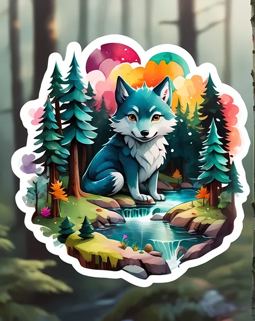 Prompt: STICKER, SOLID background, SHARP FOCUS of A Detailed watercolor of kawaii sticker Minimal, cinematic, a wolf among the trees, forest lake, moss, cold weather, dark teal and amber, sony a7 iv

 SOLID BACKGROUND< white background, Floral Splash, Rainbow Colors, Redbubble Sticker,Splash In Vibrant Colors, 3D Vector Art, Cute And Quirky, Adobe Illustrator, HandDrawn, Digital Painting, LowPoly, Soft Lighting, Bird'sEye View, Isometric Style, Retro Aesthetic, Focused On The Character, 4K Resolution,