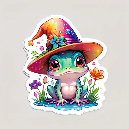 Prompt: STICKER, SOLID background, SHARP FOCUS of A Detailed kawaii watercolor of a Cute TINY FROG WEARING A WITCH HAT, Floral Splash, Rainbow Colors, Redbubble Sticker,Splash In Vibrant Colors, 3D Vector Art, Cute And Quirky, Adobe Illustrator, HandDrawn, Digital Painting, LowPoly, Soft Lighting, Bird'sEye View, Isometric Style, Retro Aesthetic, Focused On The Character, 4K Resolution,