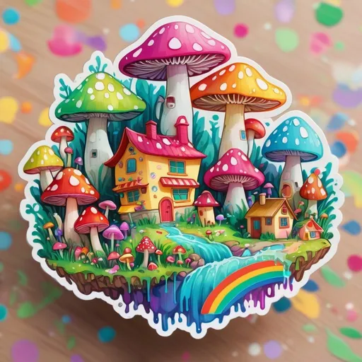 Prompt: STICKER, SOLID background, SHARP FOCUS of A Detailed kawaii An intricate village made of psychedelic mushrooms, Floral Splash, Rainbow Colors, Redbubble Sticker,Splash In Vibrant Colors, 3D Vector Art, Cute And Quirky, Adobe Illustrator, HandDrawn, Digital Painting, LowPoly, Soft Lighting, Bird'sEye View, Isometric Style, Retro Aesthetic, Focused On The Character, 4K Resolution,