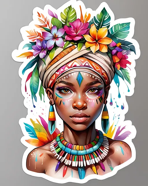 Prompt: STICKER, SOLID background, SHARP FOCUS of A Detailed watercolor FULL Portrait of a stunningly beautiful african tribal female, depth of field, zeiss lens, detailed, symmetrical, DARK SKINNED 

 SOLID BACKGROUND< white background, Floral Splash, Rainbow Colors, Redbubble Sticker,Splash In Vibrant Colors, 3D Vector Art, Cute And Quirky, Adobe Illustrator, HandDrawn, Digital Painting, LowPoly, Soft Lighting, Bird'sEye View, Isometric Style, Retro Aesthetic, Focused On The Character, 4K Resolution,