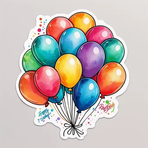 Prompt: STICKER, SOLID background, SHARP FOCUS of A Detailed watercolor of cute  happy birthday ballons, SOLID BACKGROUND< white background, Floral Splash, Rainbow Colors, Redbubble Sticker,Splash In Vibrant Colors, 3D Vector Art, Cute And Quirky, Adobe Illustrator, HandDrawn, Digital Painting, LowPoly, Soft Lighting, Bird'sEye View, Isometric Style, Retro Aesthetic, Focused On The Character, 4K Resolution,